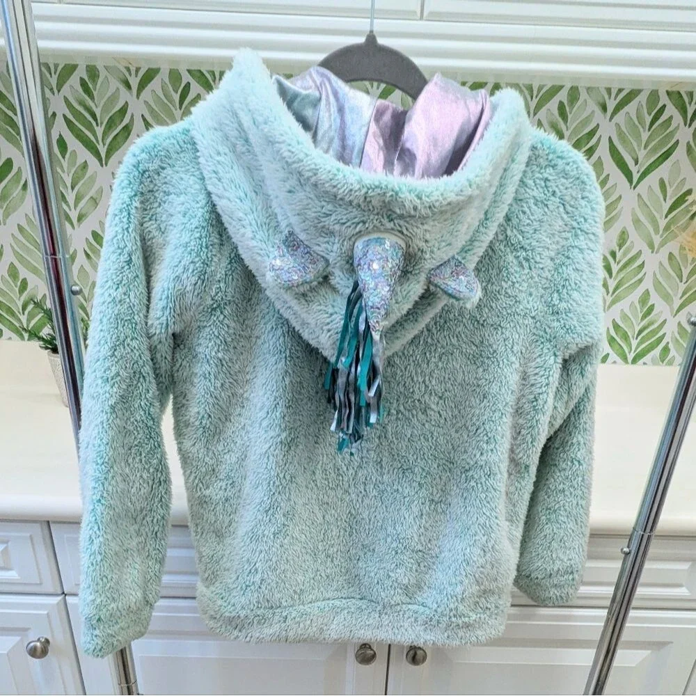 Teal Seafoam Green Cat & Jack Fluffy Zip Up Unicorn Sweater Large 10/12 Winter